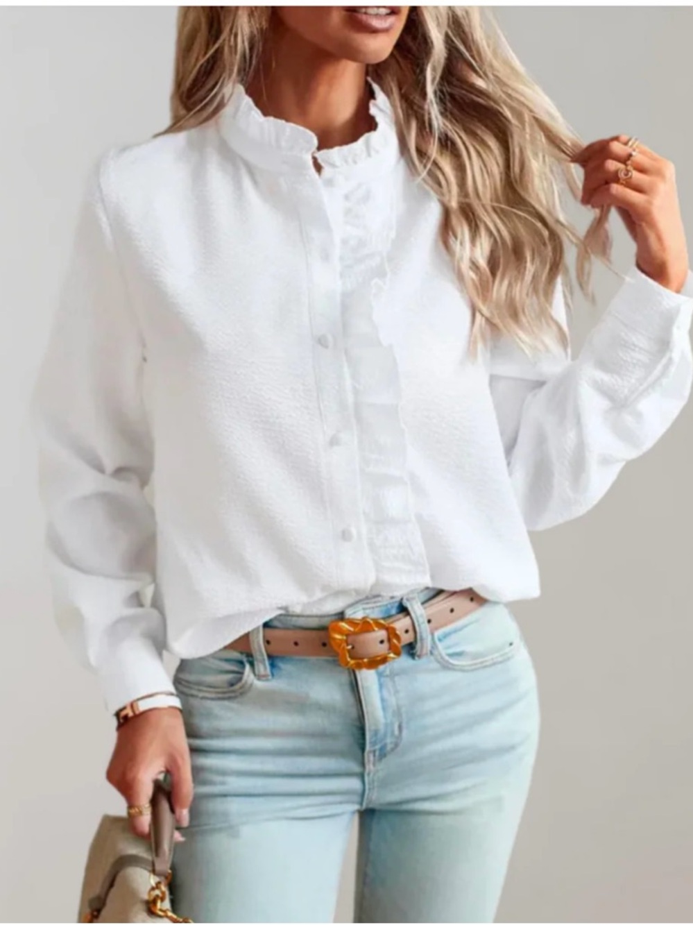 White Ruffle-Trim Button Front Blouse - Women Tops